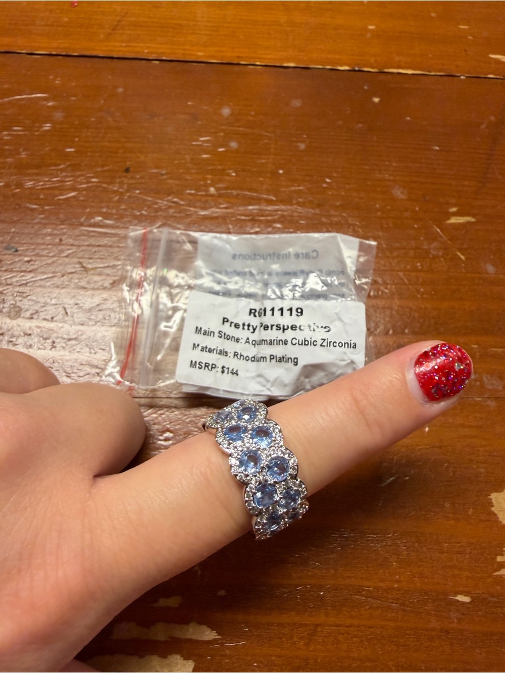 Bomb Party Size 8 Aquamarine Cubic Zirconia Floral Band Ring - Rhodium Plating